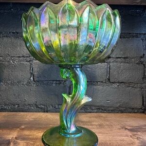Pair of Iridescent Green Indiana Carnival Lotus Compotes